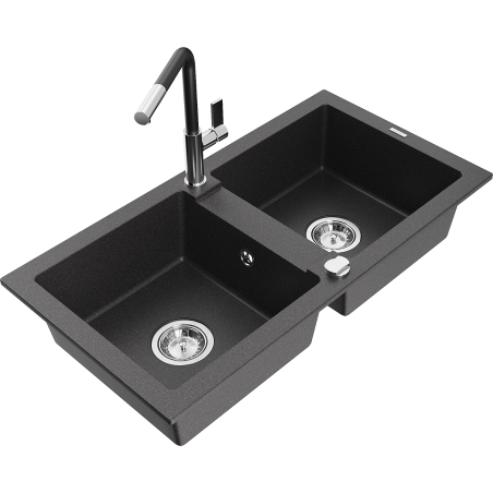 Mexen Mario granite double-bowl sink with Flora kitchen faucet, black speckled - 6504-76-670401-07
