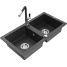 Mexen Mario 2-compartment granite sink with a kitchen mixer tap Flora, spotted black - 6504-76-670401-07