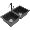 Mexen Mario granite double-bowl kitchen sink with Flora faucet, speckled black - 6504-76-670401-07