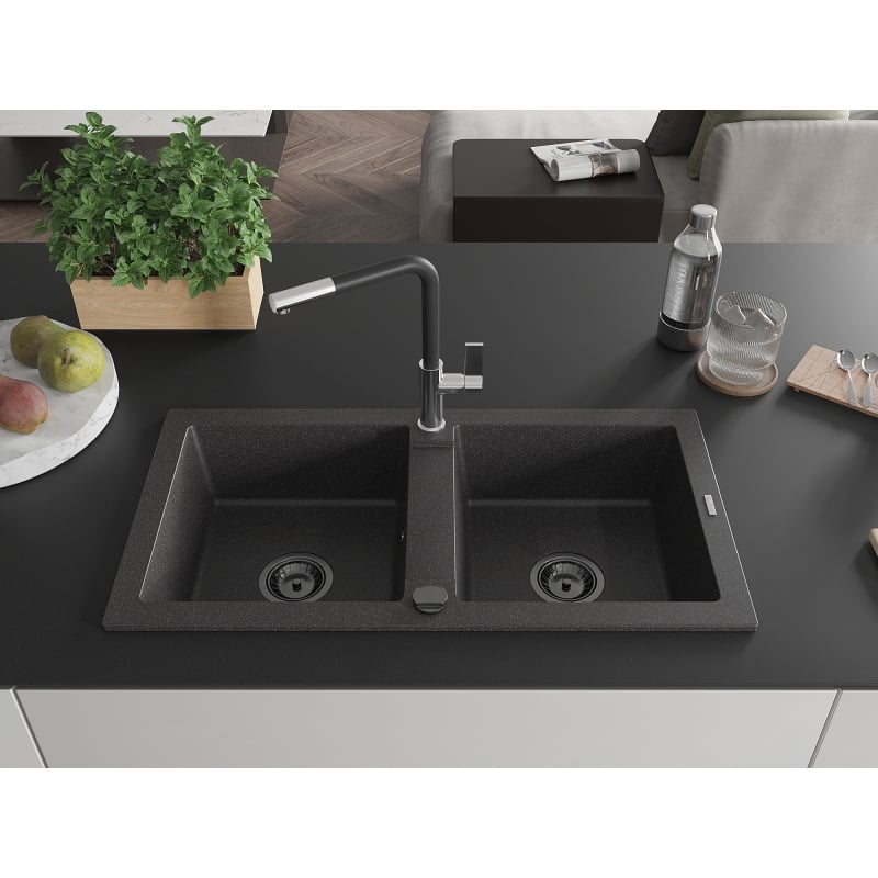 Mexen Mario 2-bowl granite kitchen sink with Flora kitchen faucet, black speckled - 6504-76-670401-07-B