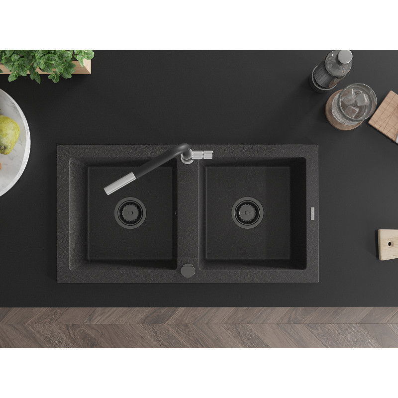 Mexen Mario granite kitchen sink with 2 compartments and Flora kitchen tap, black speckled - 6504-76-670401-07-B