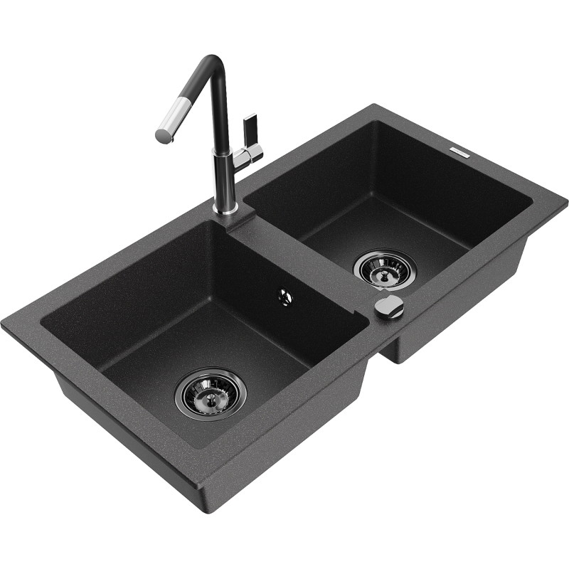 Mexen Mario 2-chamber granite sink with Flora kitchen faucet, speckled black - 6504-76-670401-07-B