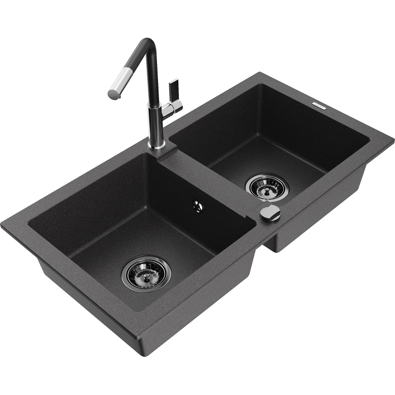 Mexen Mario 2-compartment granite sink with a kitchen mixer tap Flora, spotted black - 6504-76-670401-07-B