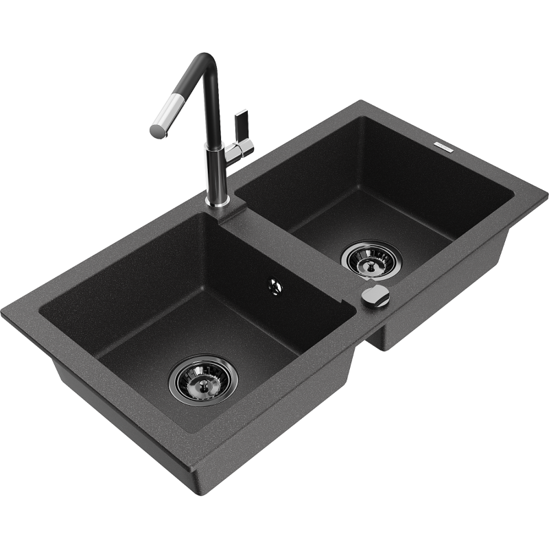 Mexen Mario granite kitchen sink with 2 compartments and Flora kitchen tap, black speckled - 6504-76-670401-07-B
