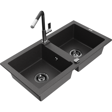 Mexen Mario 2-bowl granite kitchen sink with Flora kitchen faucet, black speckled - 6504-76-670401-07-B