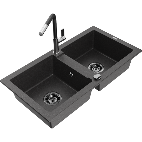 Mexen Mario 2-chamber granite sink with Flora kitchen faucet, speckled black - 6504-76-670401-07-B