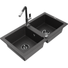 Mexen Mario 2-bowl granite kitchen sink with Flora kitchen faucet, black speckled - 6504-76-670401-07-B