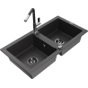 Mexen Mario 2-chamber granite sink with Flora kitchen faucet, speckled black - 6504-76-670401-07-B