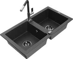 Mexen Mario 2-chamber granite sink with Flora kitchen faucet, speckled black - 6504-76-670401-07-B