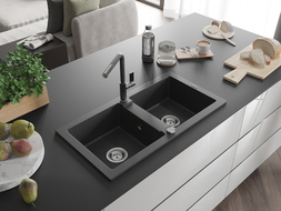 Mexen Mario 2-chamber granite sink with Flora kitchen tap, black speckled - 6504-76-670401-08