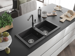 Mexen Mario 2-compartment granite sink with a kitchen mixer tap Flora, spotted black - 6504-76-670401-08