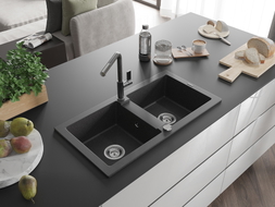 Mexen Mario granite double bowl sink with Flora kitchen faucet, black speckled - 6504-76-670401-08