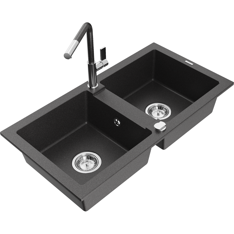 Mexen Mario 2-chamber granite sink with Flora kitchen tap, black speckled - 6504-76-670401-08