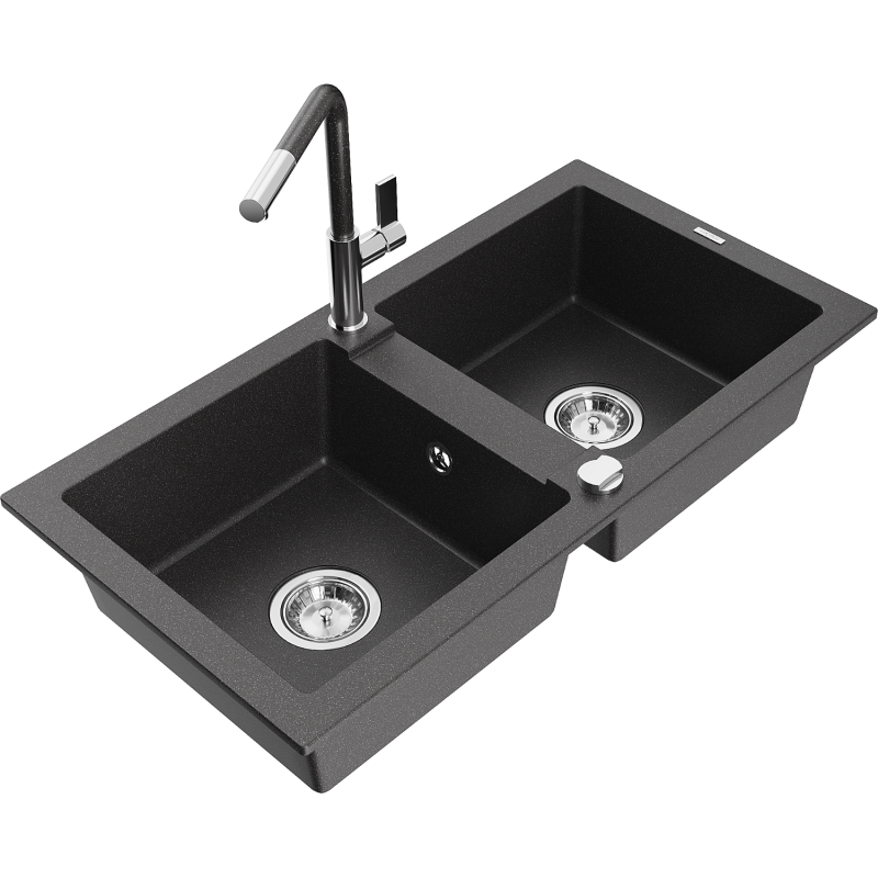 Mexen Mario 2-compartment granite sink with a kitchen mixer tap Flora, spotted black - 6504-76-670401-08