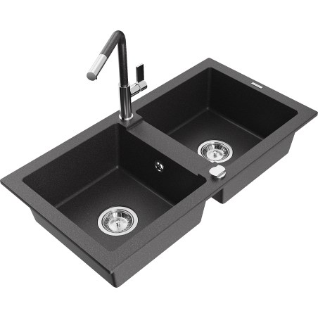 Mexen Mario 2-chamber granite sink with Flora kitchen tap, black speckled - 6504-76-670401-08