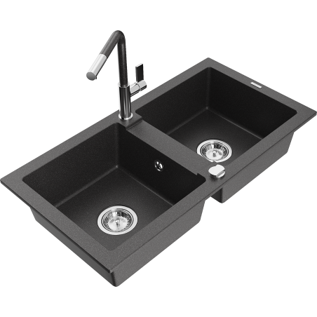 Mexen Mario granite double bowl sink with Flora kitchen faucet, black speckled - 6504-76-670401-08