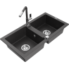 Mexen Mario 2-bowl granite kitchen sink with Flora kitchen faucet, speckled black - 6504-76-670401-08