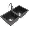 Mexen Mario granite double bowl sink with Flora kitchen faucet, black speckled - 6504-76-670401-08