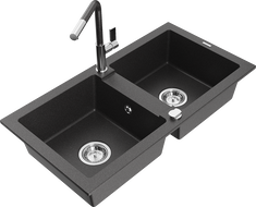Mexen Mario granite double bowl sink with Flora kitchen faucet, black speckled - 6504-76-670401-08