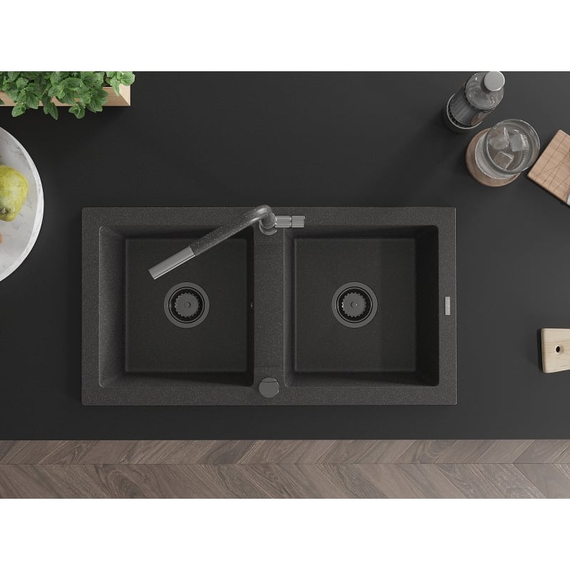 Mexen Mario granite double-bowl sink with Flora kitchen faucet, black speckled - 6504-76-670401-08-B
