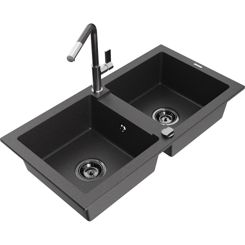 Mexen Mario 2-compartment granite sink with a kitchen mixer tap Flora, spotted black - 6504-76-670401-08-B