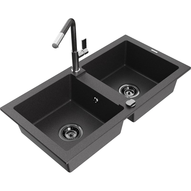 Mexen Mario granite double-bowl sink with Flora kitchen faucet, black speckled - 6504-76-670401-08-B