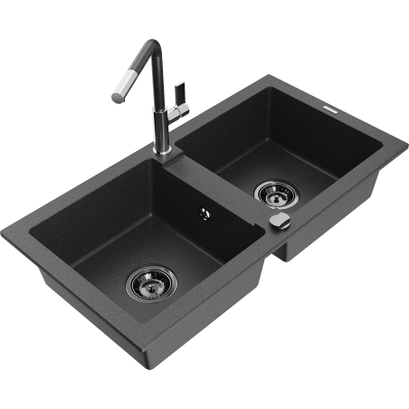 Mexen Mario 2-bowl granite sink with Flora kitchen faucet, speckled black - 6504-76-670401-08-B