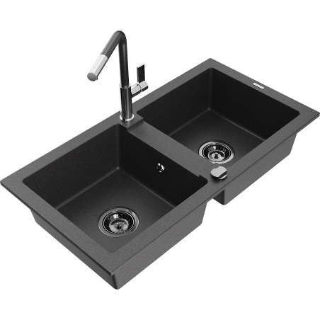 Mexen Mario Granite Kitchen Sink 2-Bowl with Flora Tap, Speckled Black - 6504-76-670401-08-B