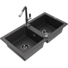 Mexen Mario granite double-bowl sink with Flora kitchen faucet, black speckled - 6504-76-670401-08-B