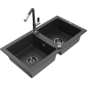 Mexen Mario Granite Kitchen Sink 2-Bowl with Flora Tap, Speckled Black - 6504-76-670401-08-B