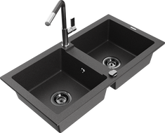Mexen Mario Granite Kitchen Sink 2-Bowl with Flora Tap, Speckled Black - 6504-76-670401-08-B