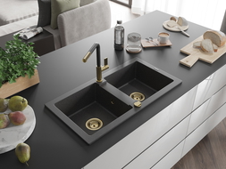 Mexen Mario 2-bowl granite sink with Flora kitchen tap, black speckled - 6504-76-670401-57-G