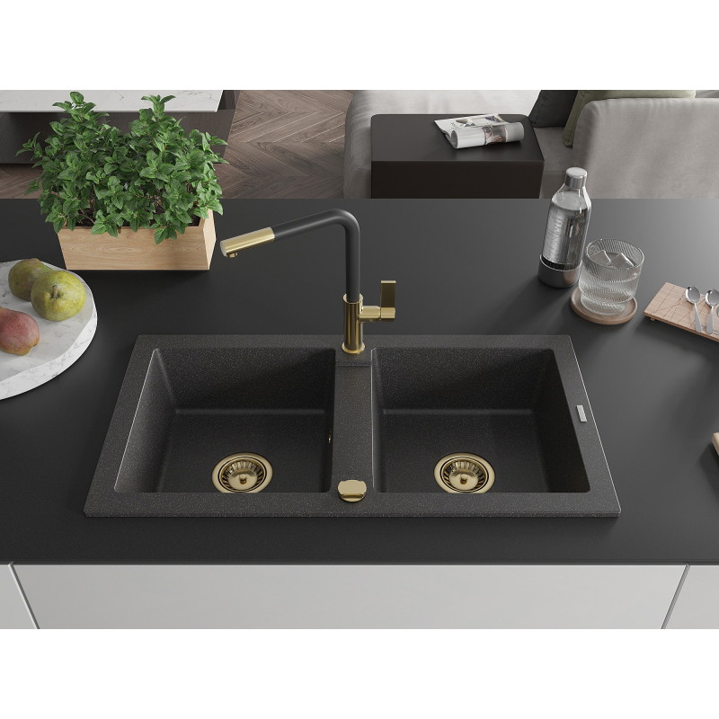 Mexen Mario 2-Bowl Granite Sink with Flora Kitchen Faucet, Black Speckled - 6504-76-670401-57-G