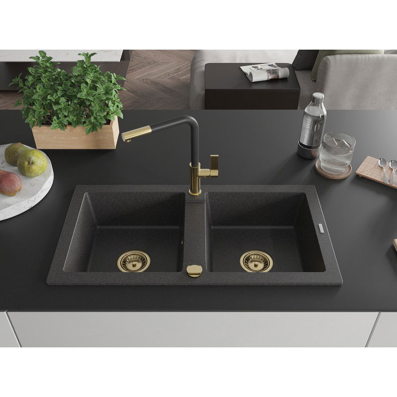 Mexen Mario 2-bowl granite sink with Flora kitchen tap, black speckled - 6504-76-670401-57-G