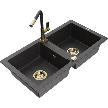 Mexen Mario 2-bowl granite sink with Flora kitchen tap, black speckled - 6504-76-670401-57-G