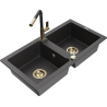 Mexen Mario granite 2-bowl kitchen sink with Flora kitchen faucet, black speckled - 6504-76-670401-57-G