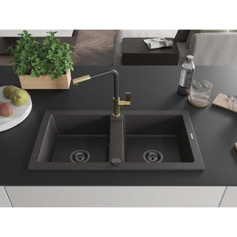 Mexen Mario granite double-bowl sink with Flora kitchen faucet, black speckled - 6504-76-670401-57-B