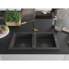 Mexen Mario granite double bowl sink with Flora kitchen faucet, speckled black - 6504-76-670401-57-B