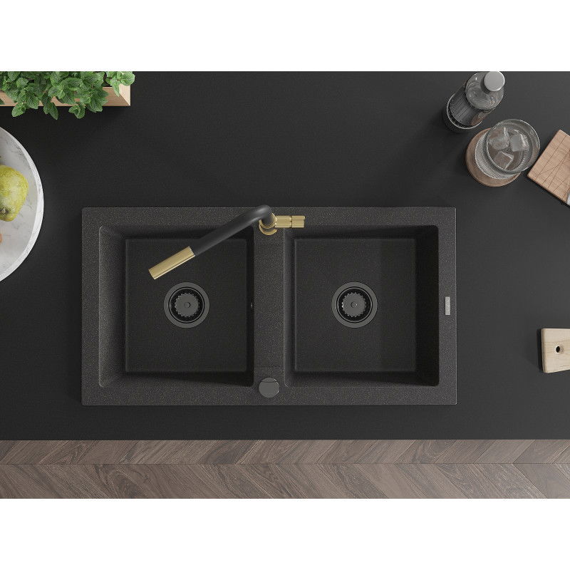 Mexen Mario granite 2-bowl sink with Flora kitchen tap, speckled black - 6504-76-670401-57-B