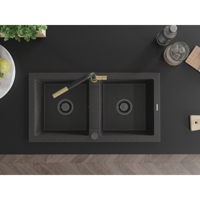 Mexen Mario granite double-bowl sink with Flora kitchen faucet, black speckled - 6504-76-670401-57-B