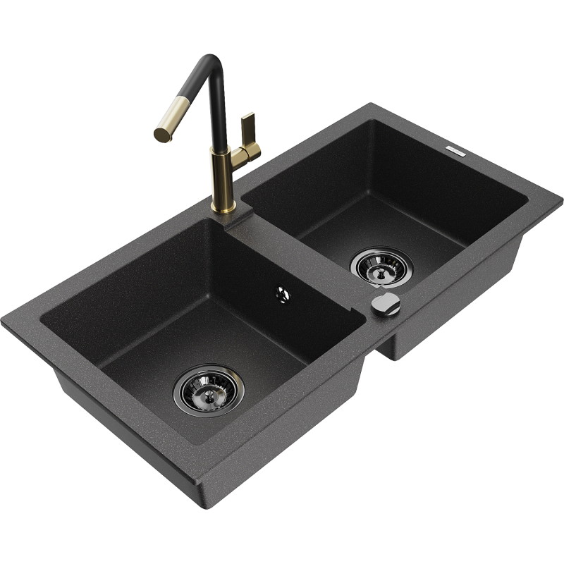 Mexen Mario granite double bowl sink with Flora kitchen faucet, speckled black - 6504-76-670401-57-B