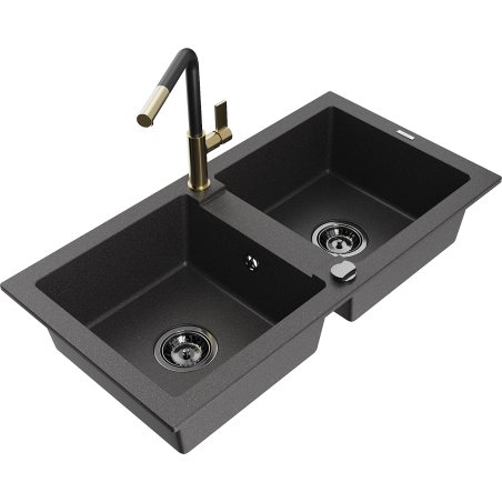 Mexen Mario granite double bowl sink with Flora kitchen faucet, speckled black - 6504-76-670401-57-B