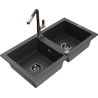 Mexen Mario granite 2-bowl sink with Flora kitchen tap, speckled black - 6504-76-670401-57-B