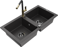 Mexen Mario granite double-bowl sink with Flora kitchen faucet, black speckled - 6504-76-670401-57-B