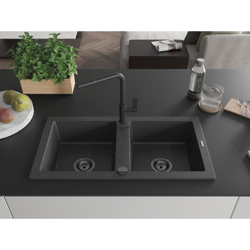 Mexen Mario granite sink 2-bowl with Flora kitchen tap, black speckled - 6504-76-670401-70-B