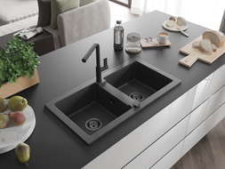 Mexen Mario 2-bowl granite sink with Flora kitchen faucet, black speckled - 6504-76-670401-70-B