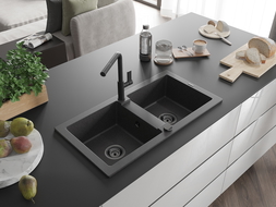 Mexen Mario granite sink 2-bowl with Flora kitchen tap, black speckled - 6504-76-670401-70-B
