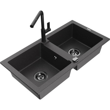 Mexen Mario 2-bowl granite sink with Flora kitchen faucet, black speckled - 6504-76-670401-70-B
