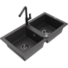 Mexen Mario 2-bowl granite sink with Flora kitchen faucet, black speckled - 6504-76-670401-70-B