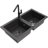Mexen Mario 2-bowl granite sink with Flora kitchen faucet, speckled black - 6504-76-670401-70-B